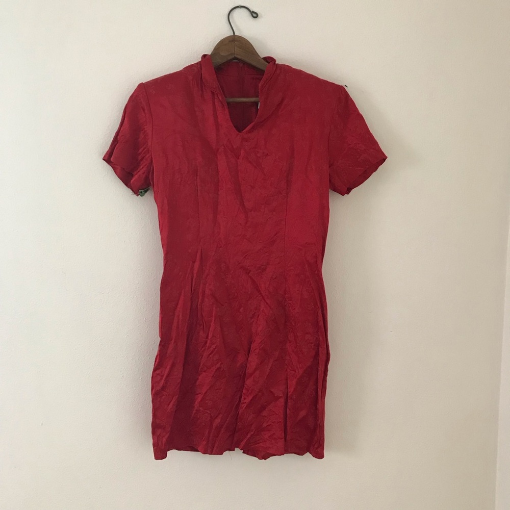 Mandarin red silk mini dress Asian